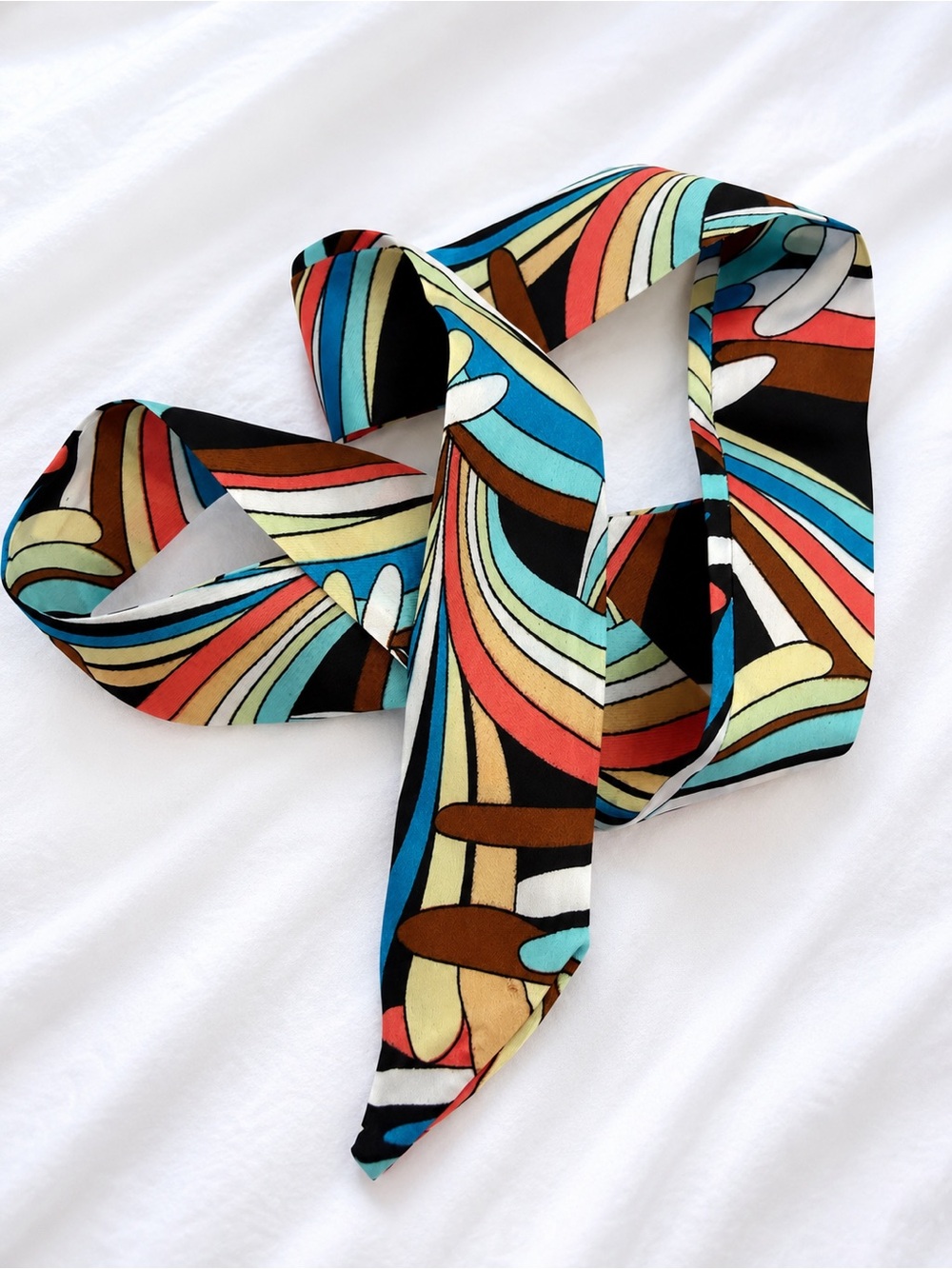 Silk-Feel Multicolor Skinny Scarf 🧣 for bag- Vibrant Abstract Print